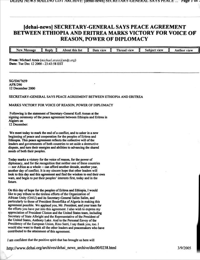 Secretary-General Kofi Annan statement on the Eritrea-Ethiopia peace agreement