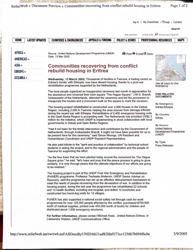 ReliefWeb document preview: Communities recovering from conflict rebuild housing in Eritrea